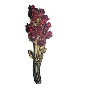 Vintage Red Rose Bouquet Brooch Gold Tone Floral Spray Statement Pin